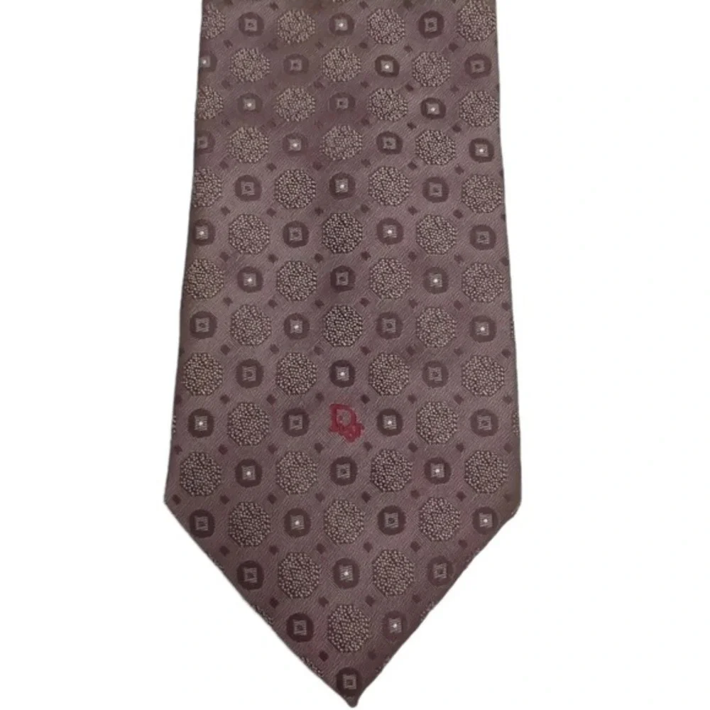 Christian Dior Monsieur Brown Vintage Embroidered‎ Silk Blend Geometric Neck Tie